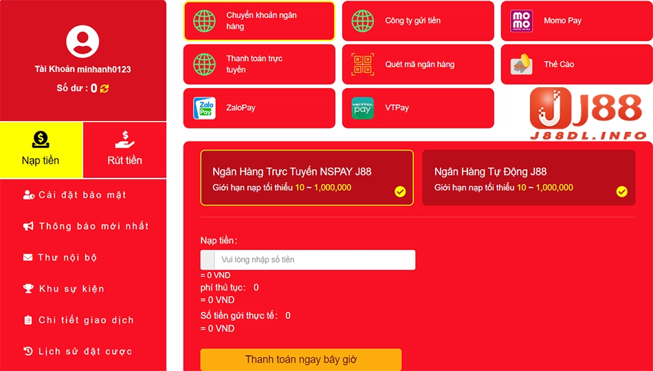 hướng dẫn nạp tiền J88